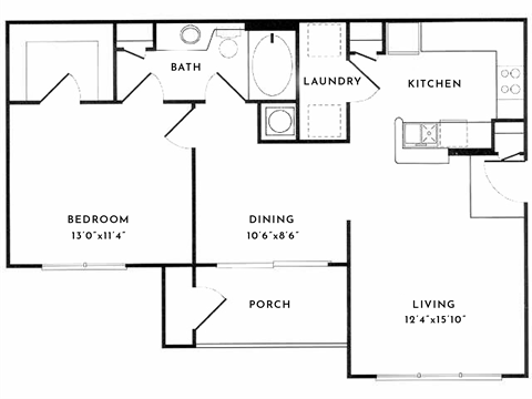 Floor plan for 1 bed, 1 bath, 872 sqft